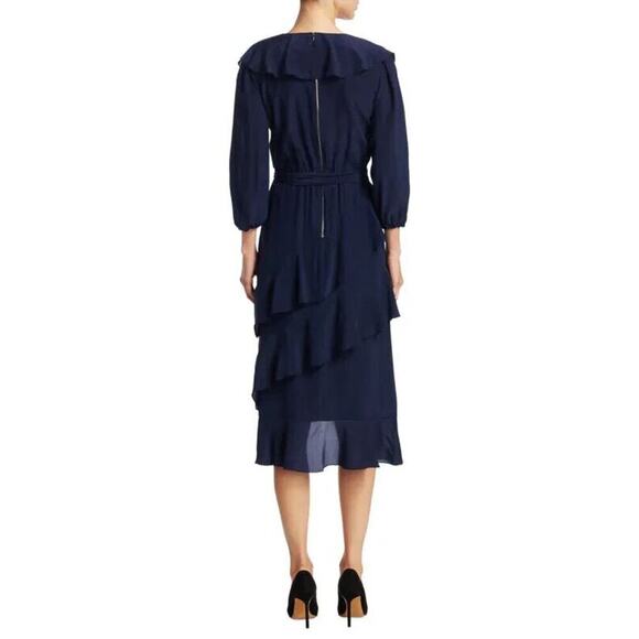 Alice + Olivia Kye V-Neck Ruffle Midi Dress Size 0 Navy #1C421 - Picture 3 of 12